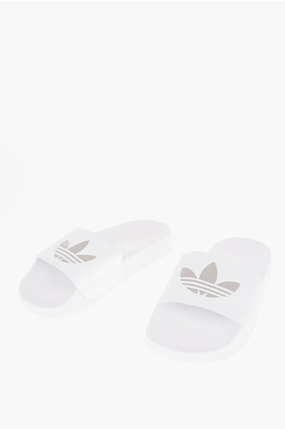 Adidas Originals Faux Leather Adilette Lite Slides With Silver-tone Logo In White