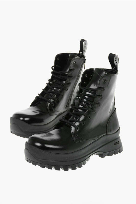 STELLA MCCARTNEY FAUX LEATHER COMBAT BOOTS WITH LETTERING LOGO AND STATEMENT