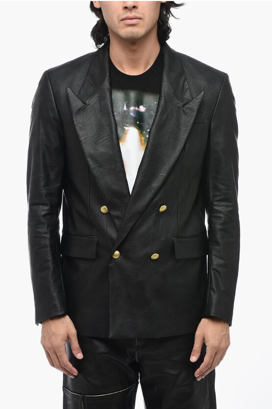 Shop Marsēm Faux Leather Double-breasted Blazer With Golden Buttons