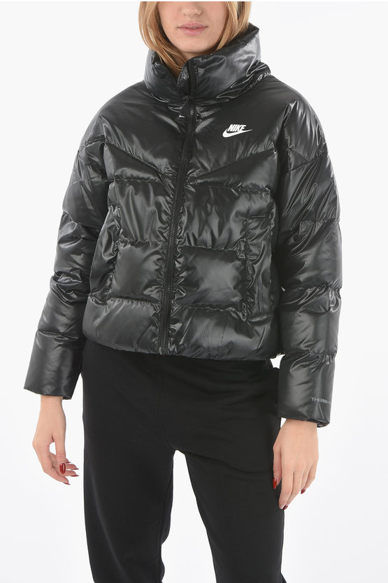 Nike Faux Leather Maxi Down Jacket In Black