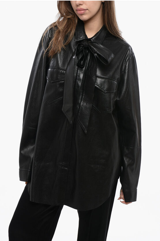 NANUSHKA FAUX LEATHER OVERSHIRT WITH TIE NECK 