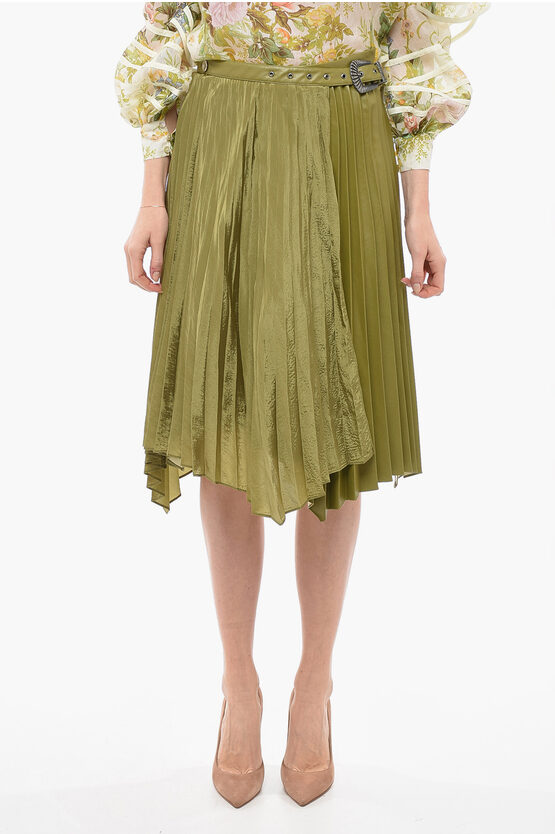 Andersson Bell Faux Leather Pleated Skirt With Silver-tone Buckle In Green