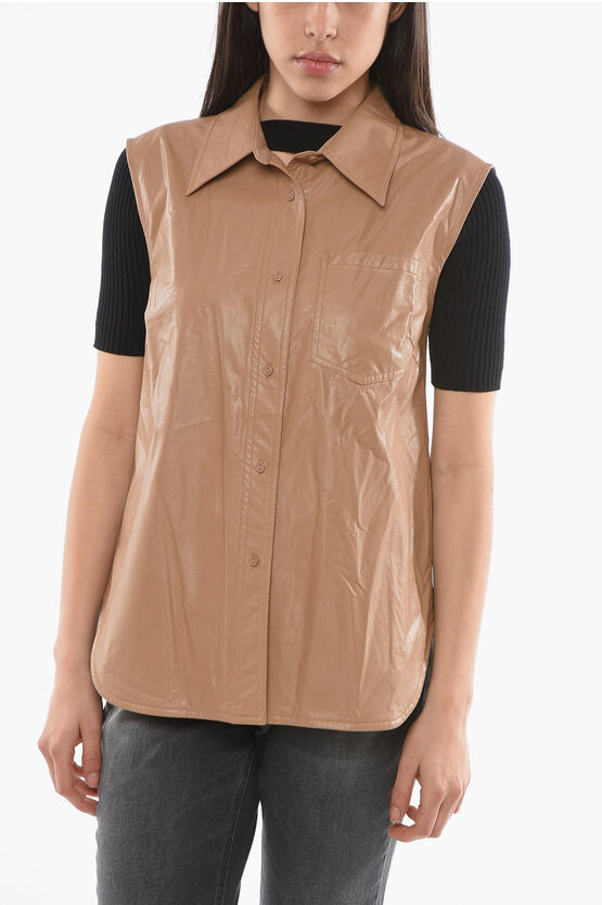 Shop Stand Studio Faux Leather Sleeveless Arya Shirt With Patch Breast Pocket