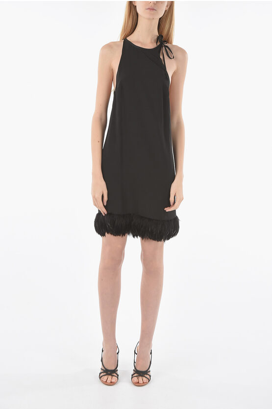 Shop Saint Laurent Feathered Bottom Satin Halter Dress