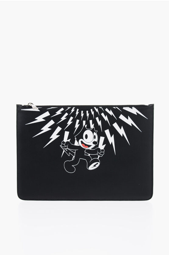 Shop Neil Barrett Felix The Cat' Leather Pouch With Contrast Print