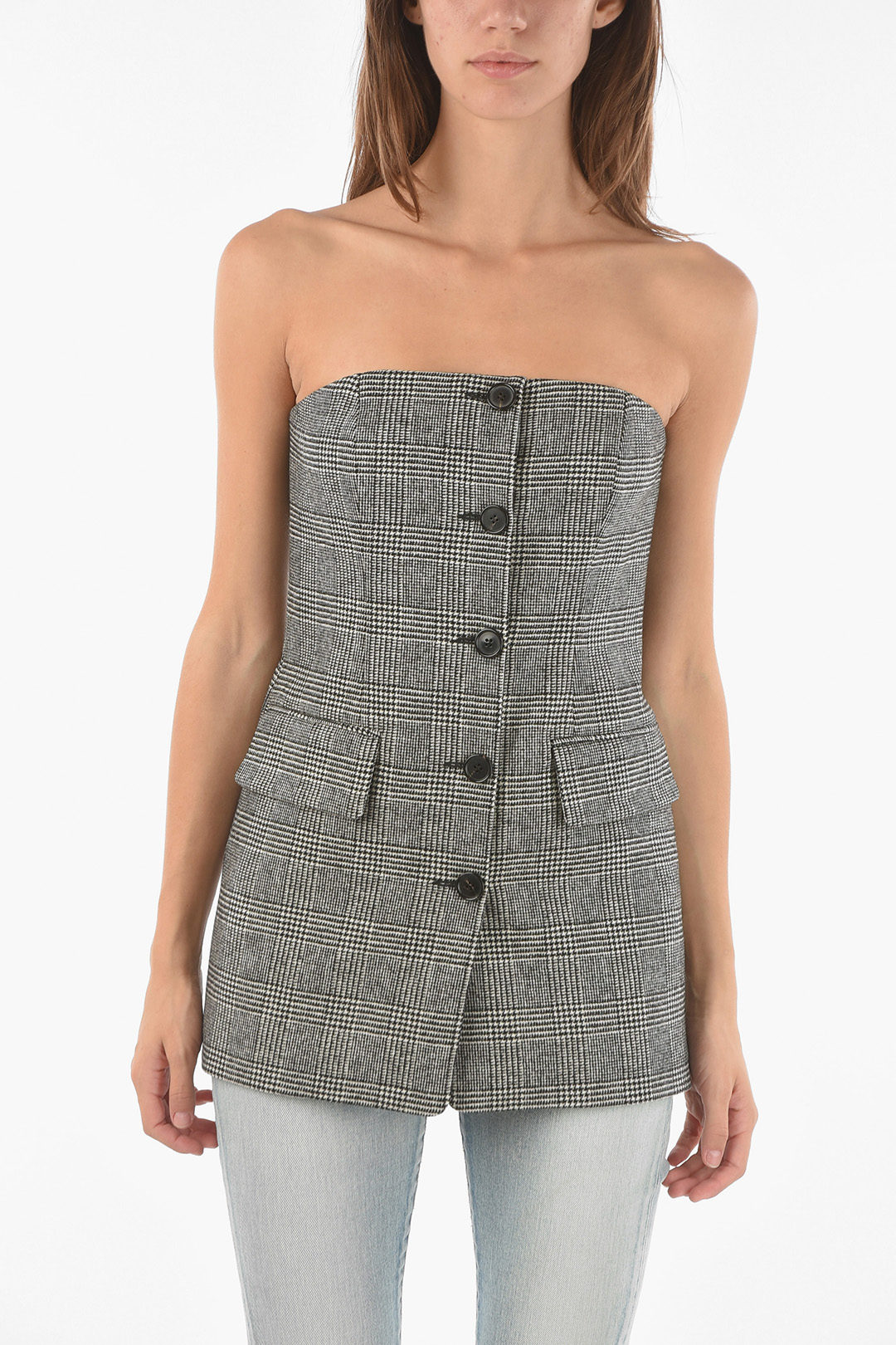 Michael Kors Flanel Tailored Strapless Top with Glen Check Pattern