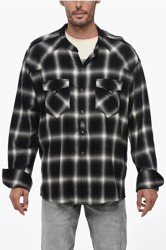 Shop Greg Lauren Flannel Oversized Shirt With Raw Cut