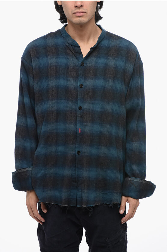 Shop Greg Lauren Flannel Oversized Shirt With Raw Cut