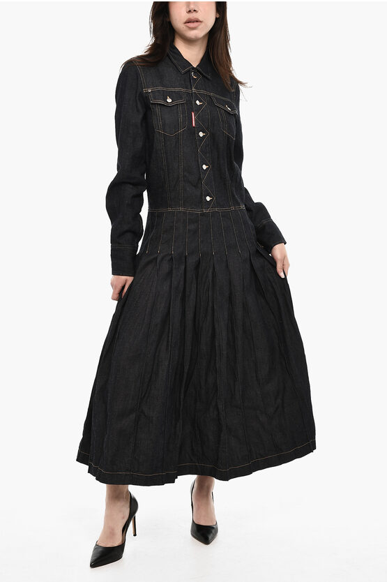 Dsquared2 Flared Denim Maxi Dress With Logoed Buttons