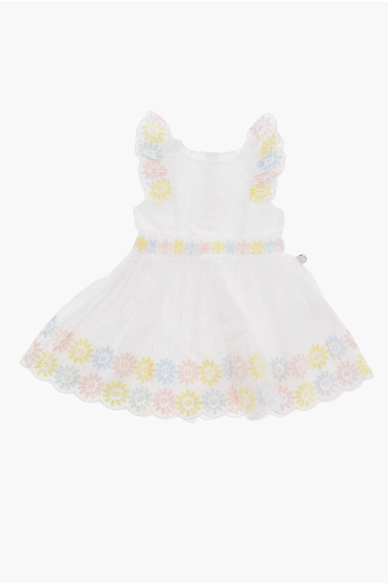 Stella Mccartney Babies' Flared Dress With Floral Embroideries And Ruffles In White