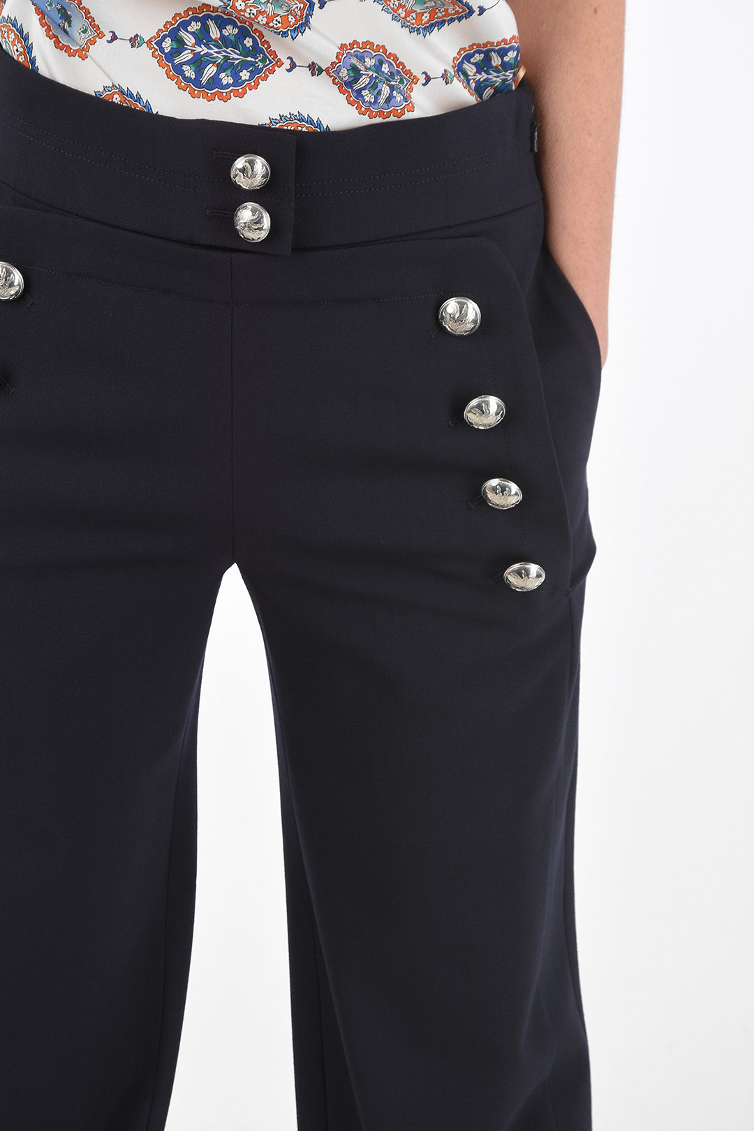 Flared High Waist Pants with 2 Button Rows