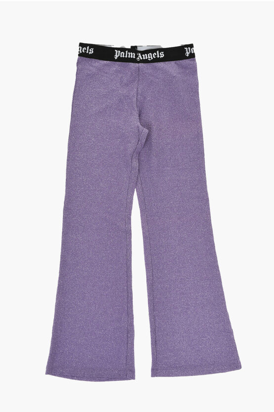 PALM ANGELS FLARED RIBBED LUREX PANTS WITH LOGOED ELASTIC BAND