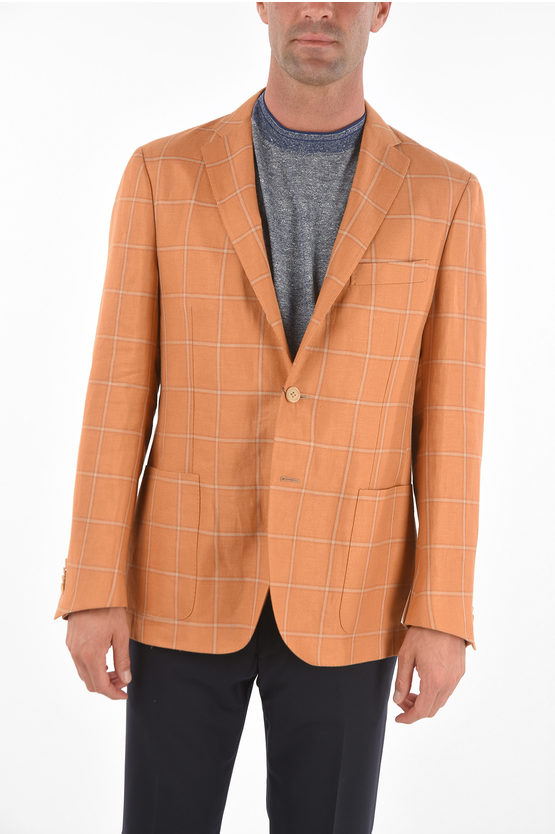 Corneliani Flax Silk 3-button Resort Blazer With Windowpane Pattern In Orange