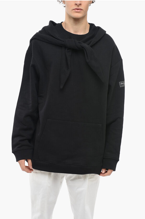 Raf Simons Fleece Cotton Oversized Hoodie With Knot Hood In Black