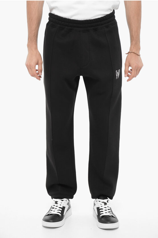Neil Barrett Fleeced Cotton Blend Loose Fit Joggers With Thunderbolts Emb