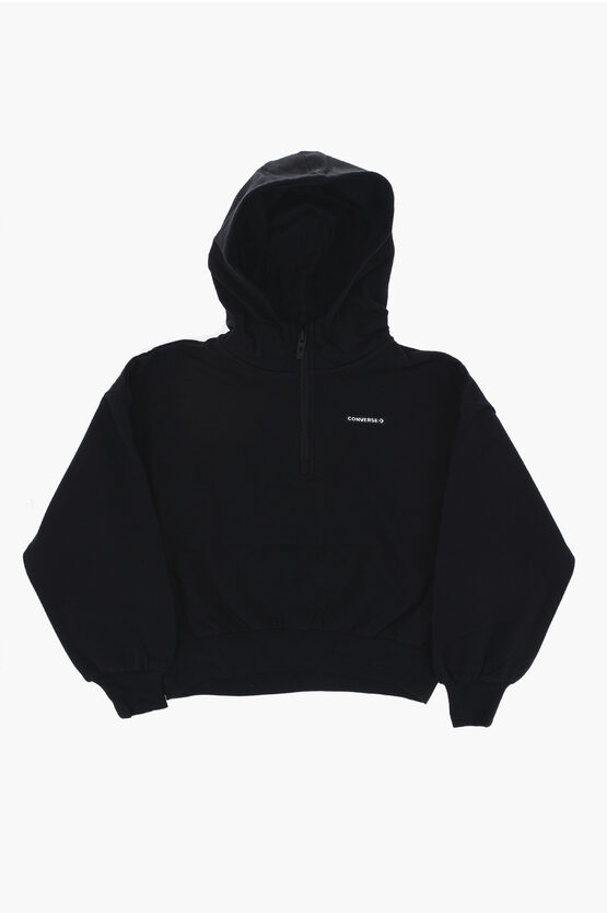 Converse Fleeced-cotton Blend Sweatshirt With Hood And Half Zip In Black