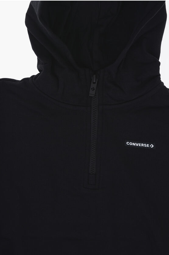 Fleeced-Cotton Blend Sweatshirt with Hood and Half Zip