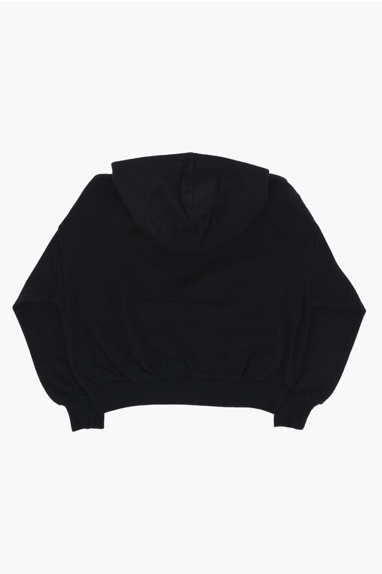 Fleeced-Cotton Blend Sweatshirt with Hood and Half Zip