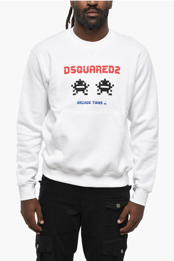 Dsquared2 Fleeced Cotton Cool Fit Crew-neck Sweatshirt With Frontal Pr In White