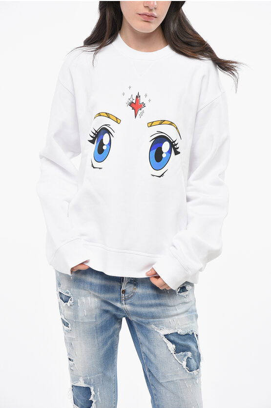 Dsquared2 Fleeced Cotton Cool Fit Crew-neck Sweatshirt With Print Grösse Xs In White