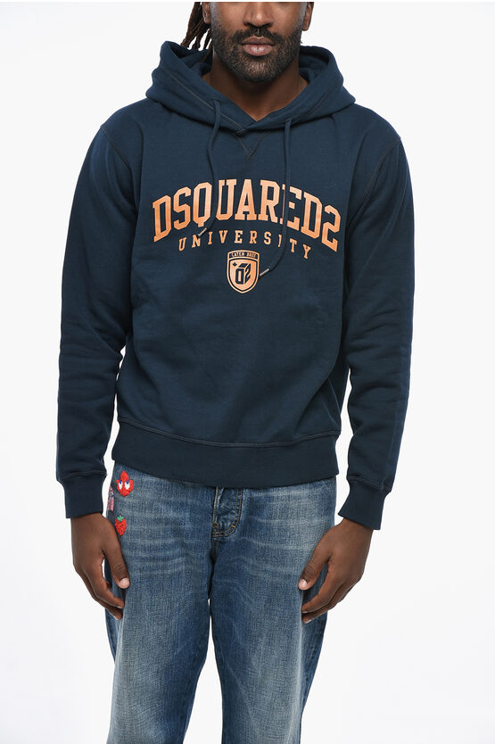 Dsquared2 Fleeced Cotton Cool Fit Hoodie With Printed Logo In Blue
