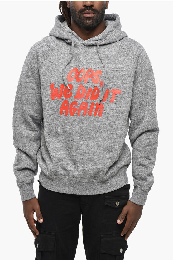 Dsquared2 Fleeced Cotton Cool Raglan Fit Hoodie With Frontal Print In Gray