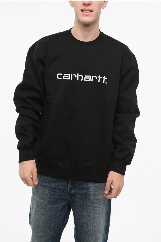 Carhartt Fleeced Cotton Crew-neck Sweatshirt With Embossed Logo In Black