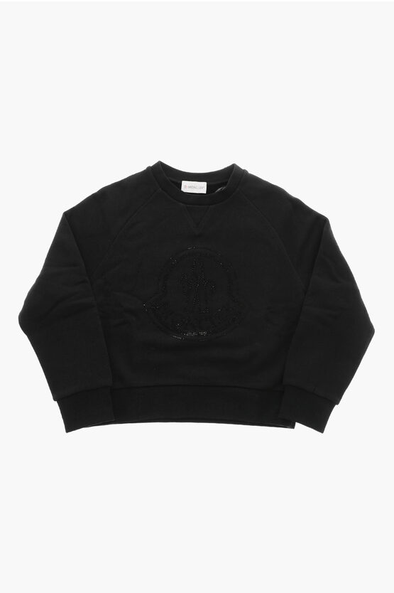 Moncler Fleeced Cotton Crew-neck Sweatshirt With Rhinestone Embellis In Black