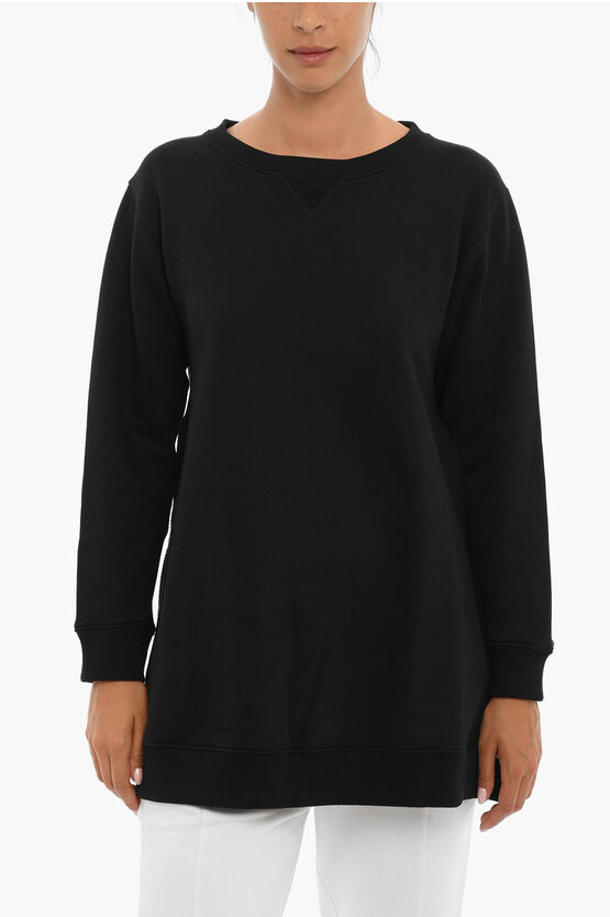 Woolrich Fleeced Cotton Crew-neck Sweatshirt With Side Slits In Black