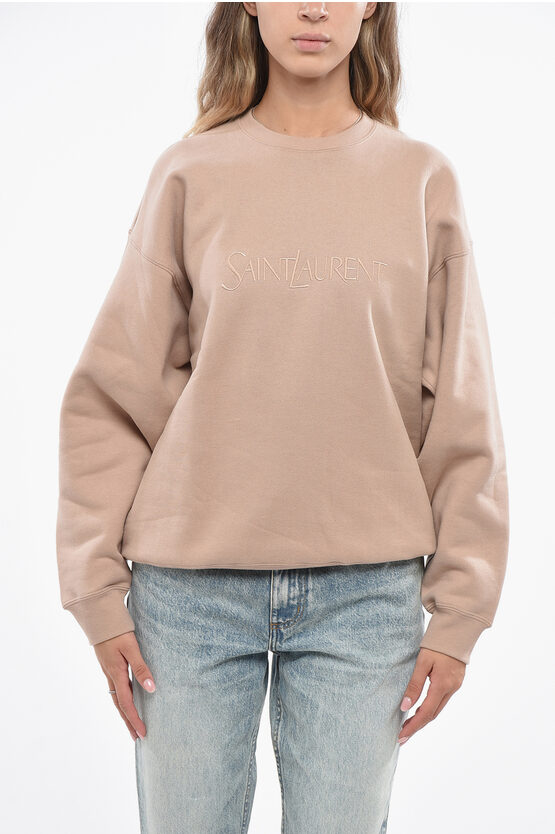 Saint Laurent Fleeced-cotton Crew-neck Sweatshirt With Ton On Ton Logo In Neutral