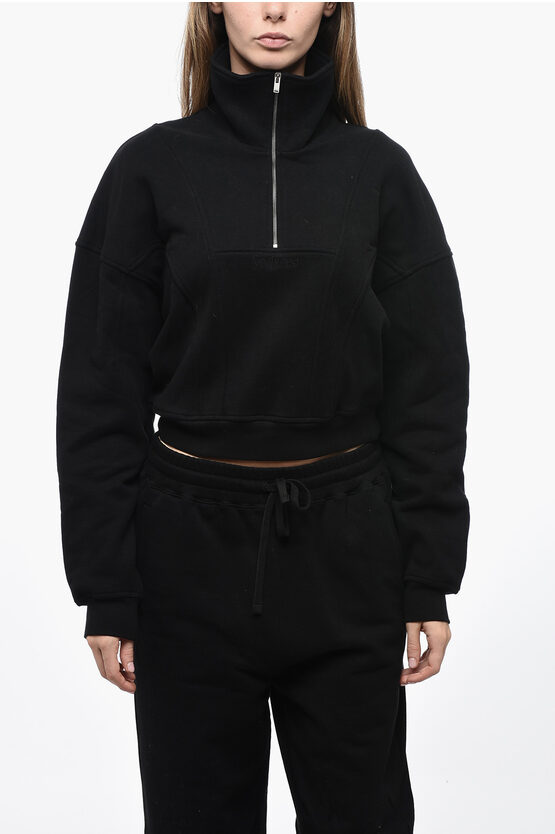 Shop Saint Laurent Fleeced Cotton Crop Sweatshirt With Half Zip