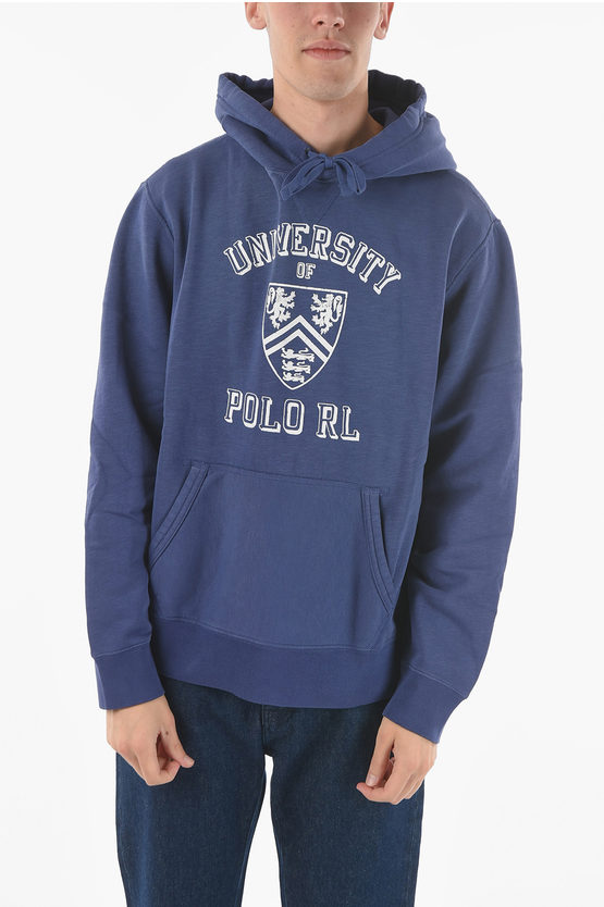Polo Ralph Lauren Fleeced Cotton Greenwich Hooded Sweatshirt With Logo Print In Blue