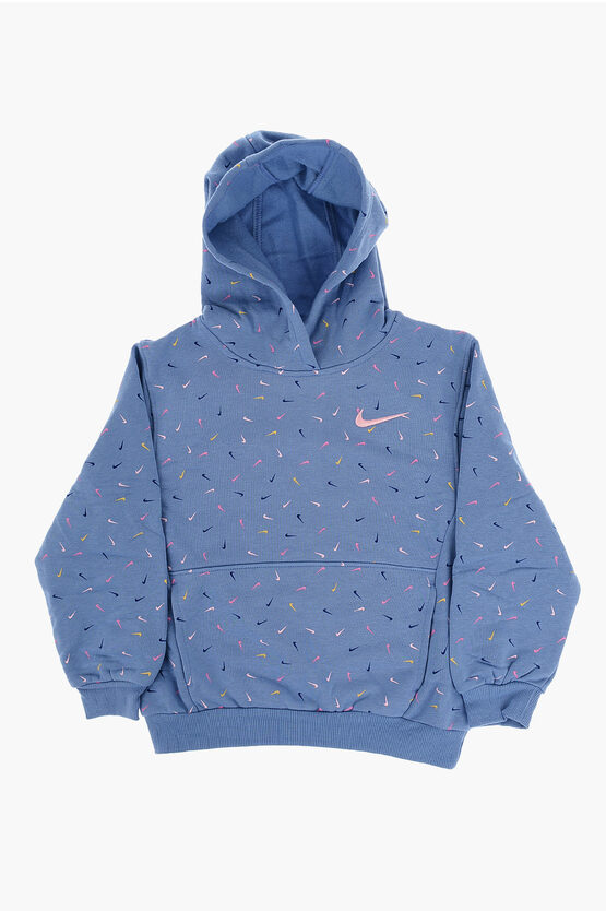 Nike Fleeced Cotton Hoodie With All-over Multicolor Logo In Blue