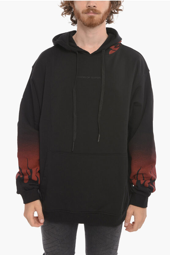 Vision Of Super Fleeced-cotton Hoodie With Flame-print In Black