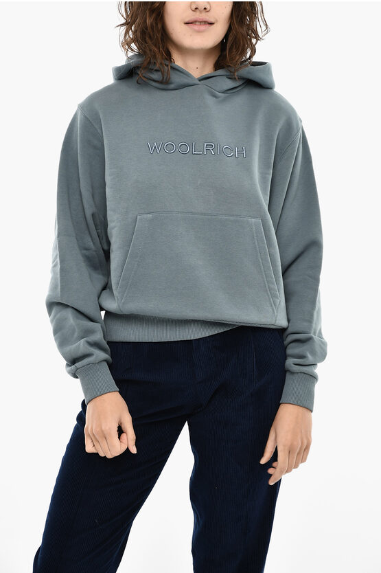 Woolrich Fleeced Cotton Hoodie With Frontal Logo In Gray
