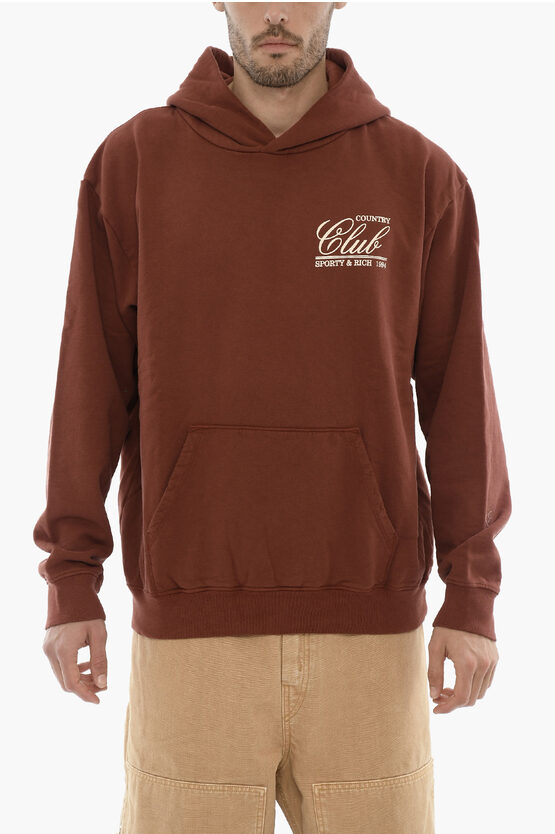 Sporty And Rich Fleeced-cotton Hoodie With Patch Pocket In Brown