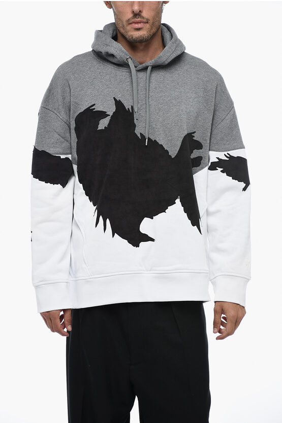 NEIL BARRETT FLEECED COTTON HOODIE WITH SUEDE PATCHES 