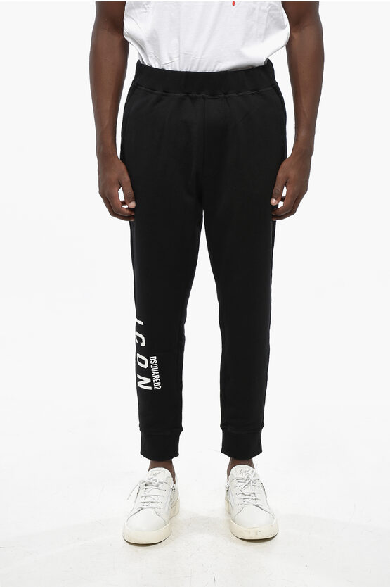 Dsquared2 Fleeced Cotton Icon Sweatpants With Cuffs In Black