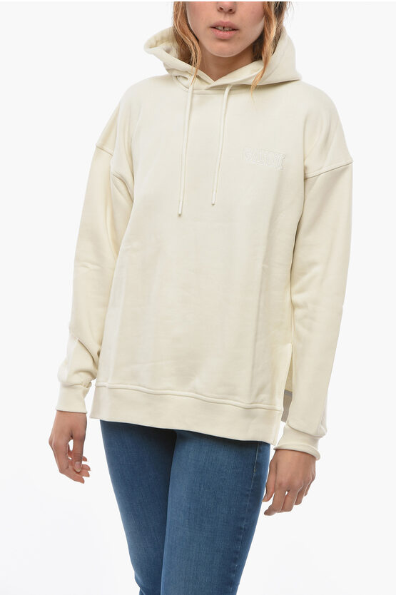 Ganni Fleeced-cotton Software Hoodie With Logo-embroidery In Neutral