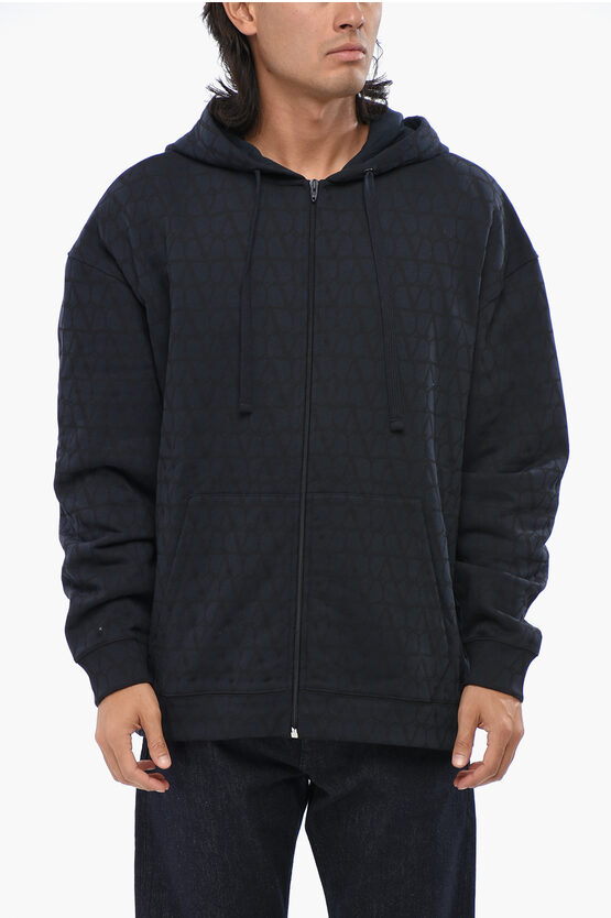 Valentino Fleeced Cotton Sweatshirt With All-over Monogram In Black