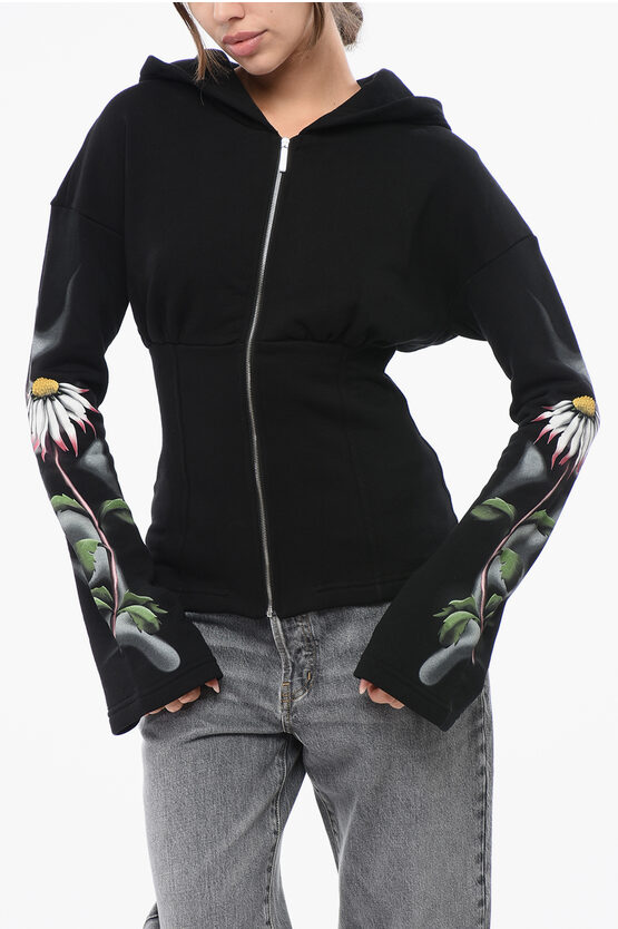 Maccapani Fleeced Cotton Sweatshirt With Floral Patterned Sleeves In Black