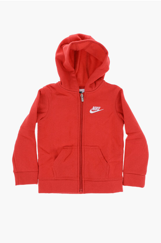 Fleeced Cotton Sweatshirt with Hood and Zip Closure