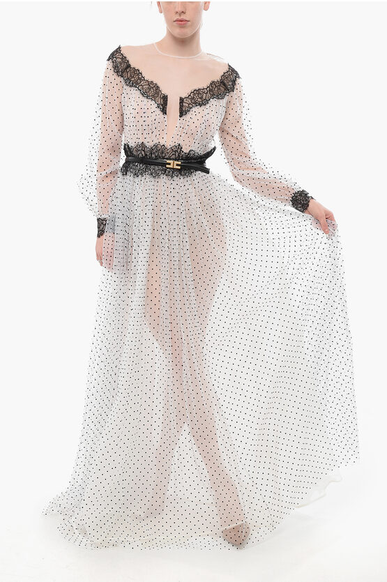 Elisabetta Franchi Flocked Tulle Shirt Dress With Polka Dot Motif In White