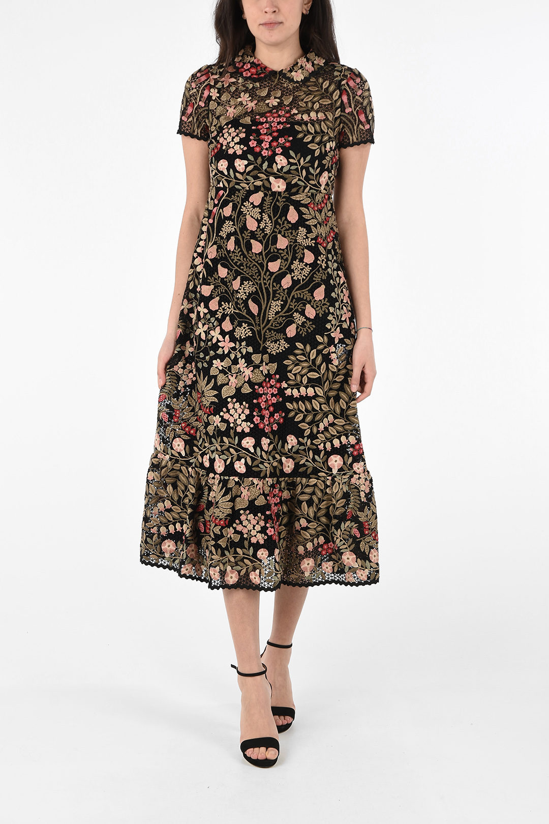 Red Valentino Floral Embroidered Short Sleeve Dress with Petticoat - Outlet