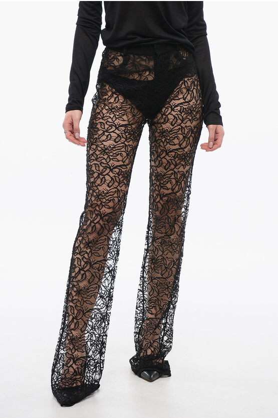 Saint Laurent Floral Lace Pants With Straight Leg