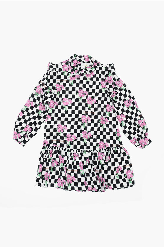 Off-white Floral Motif Checked Dress In Pink