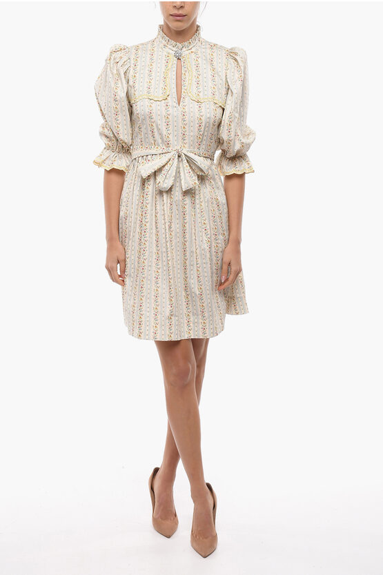 Notes Du Nord Floral-motif Divine Dress With Belt And Jewel Button In Neutral
