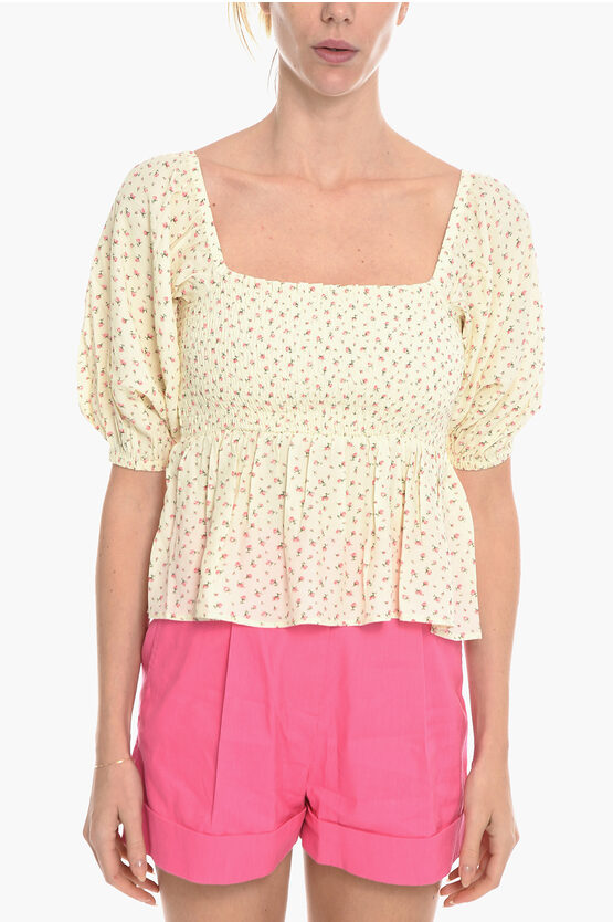 Notes Du Nord Floral-motif Dolly Top With 3/4 Sleeve In Neutral