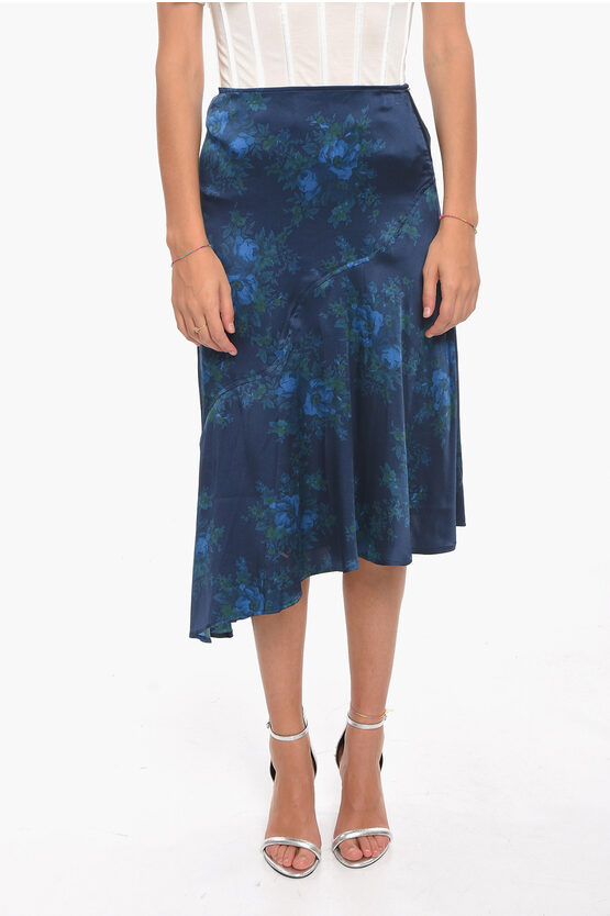 Ganni Floral-motif Silk Asymmetrical Cut Skirt In Blue