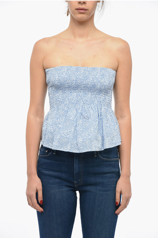 Birgitte Herskind Floral Motif Strapless Wulf Top With Ruffle On The Hem In Blue
